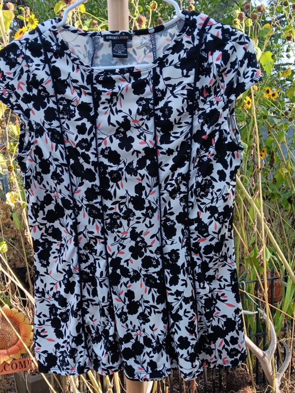 Robert Louis Black and White Floral Cap Sleeve Top with Pink Leaf Accents